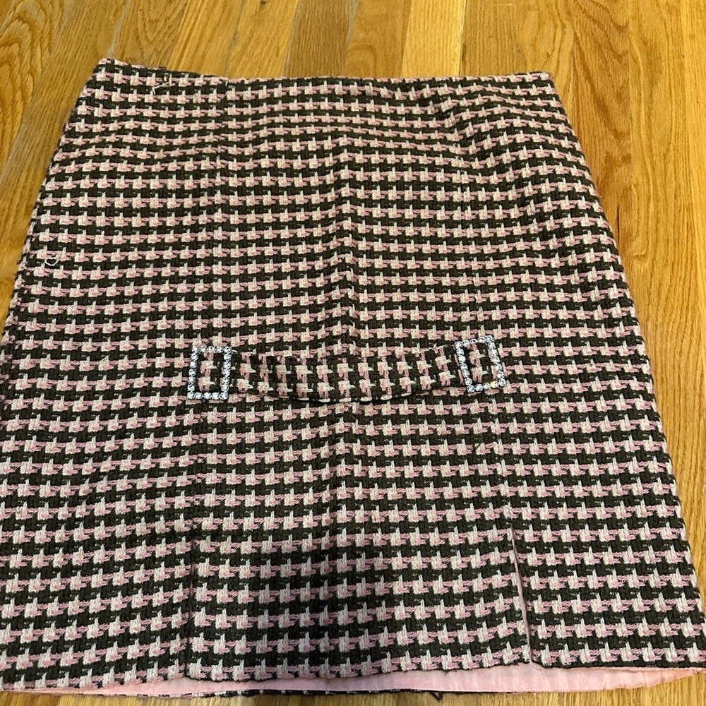 Kicky pink taupe and cream wool blend knee length skirt w pink silk lining